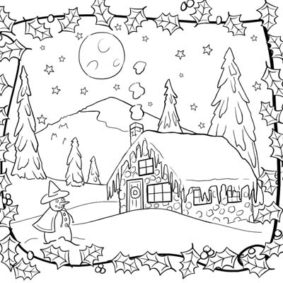 Winter Solstice Cabin Coloring Page