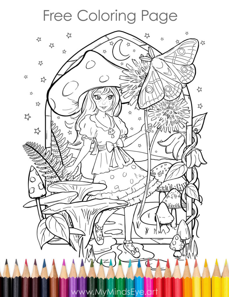 Image of a mushroom Fairy coloring page.