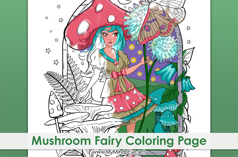 Image of a mushroom fairy coloring page.