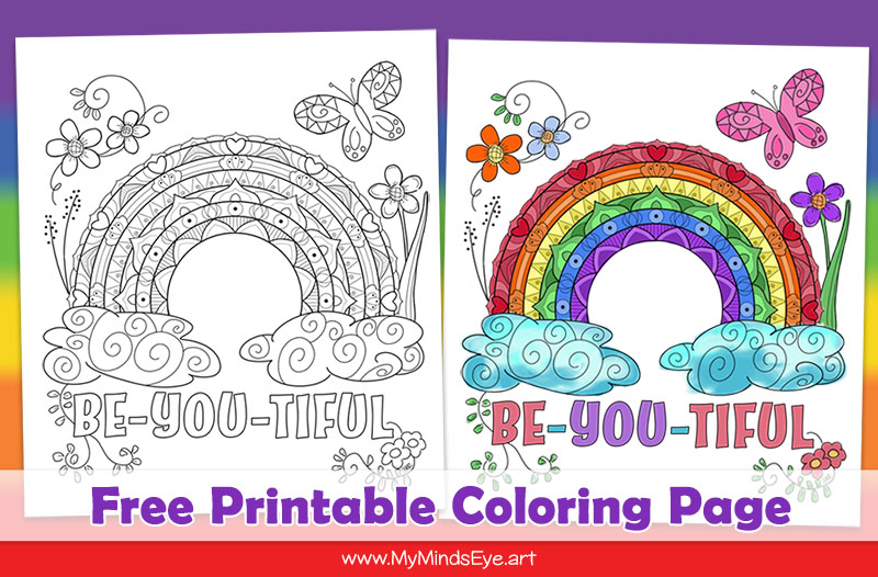 Image of free printable Rainbow coloring Page with a butterfly and the words Be-You-Tiful 