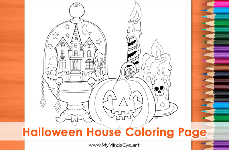 Image of a coloring page with the image of a Halloween House.