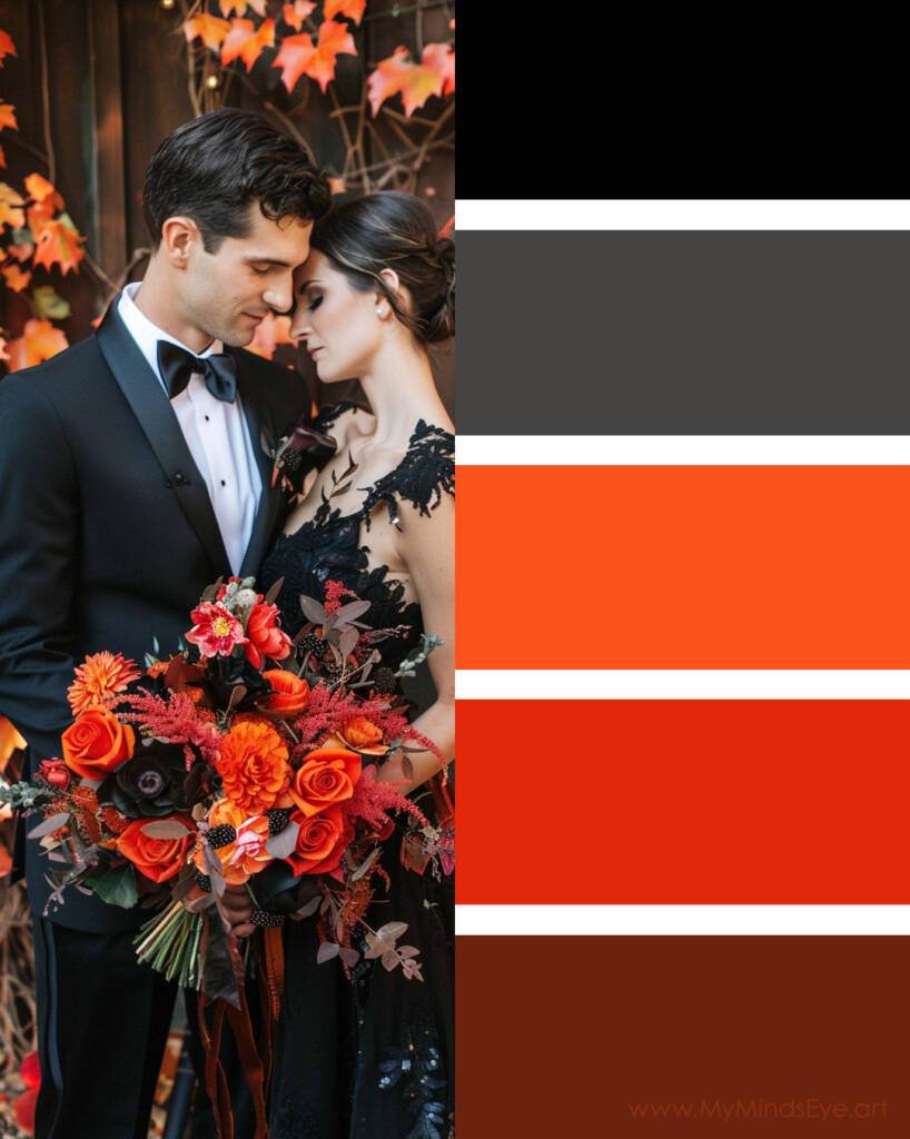 Image of a couple dressed in black wedding formalwear and holding a bouquet of orange flowers. Color palette with orange, black, gray, red, and brown.