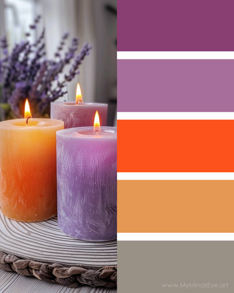 Image of 3 pillar candles on a wooden surface. Color palette with orange, lavender purple, dark purple, deep yellow, and gray.