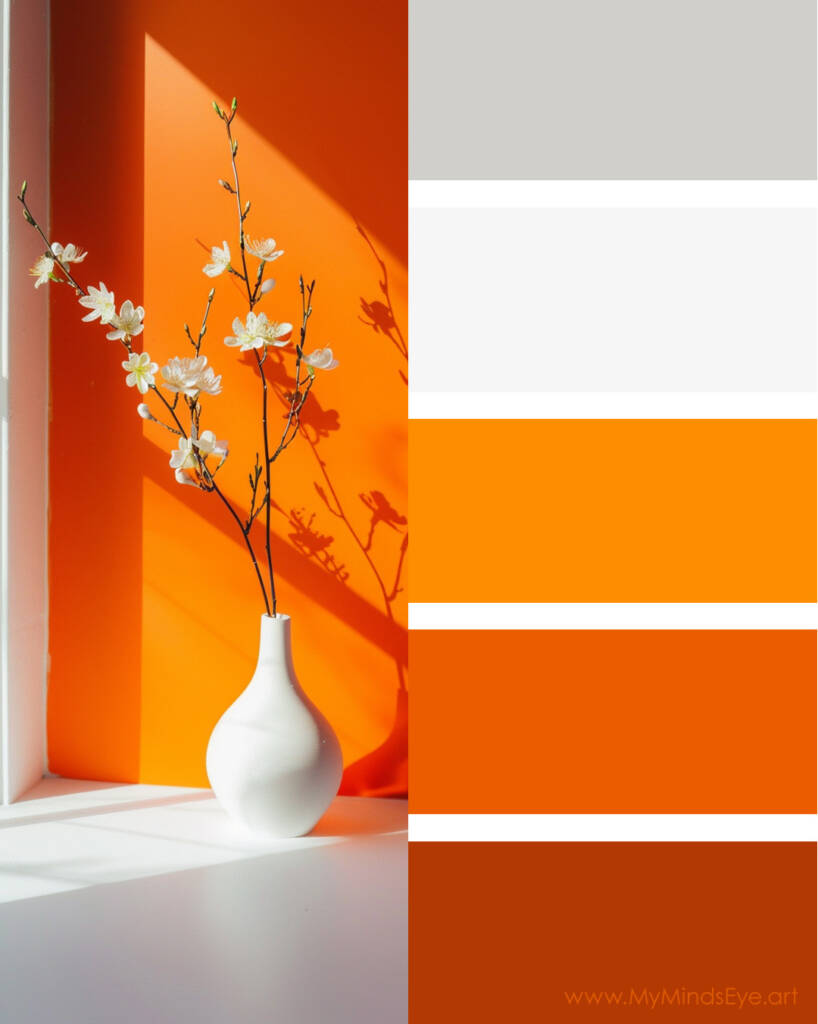 Modern image of a branch with white flower blooms in a white vase in front of an orange wall.  Color palette with orange, yellow orange, reddish orange, medium gray, and light gray.