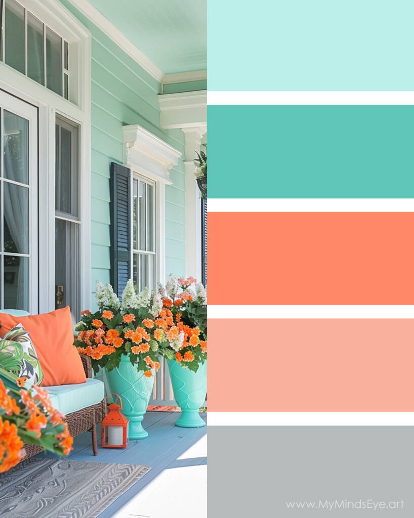 Image of a side porch with a sofa and vases filled with flowers. Color palette with orange, peach orange, dark mint green, light mint green, and gray.