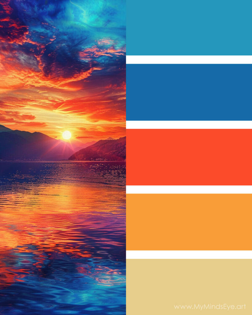 Image of a dramatic sunset over a lake and a color palette. Palette colors are orange, yellow, and blue. 