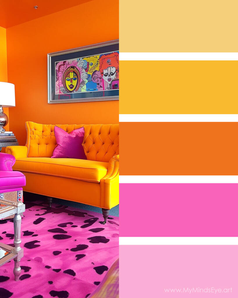 Image of a room with a couch, pink and black spotted rug, and orange wall. Color palette with orange, bright yellow, and hot pink.