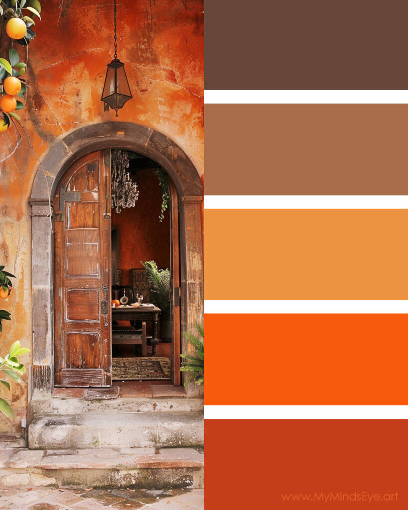 Image of a vintage wooden door and color palette. Palette colors with orange, red orange, deep yellow, brown and dark brown.