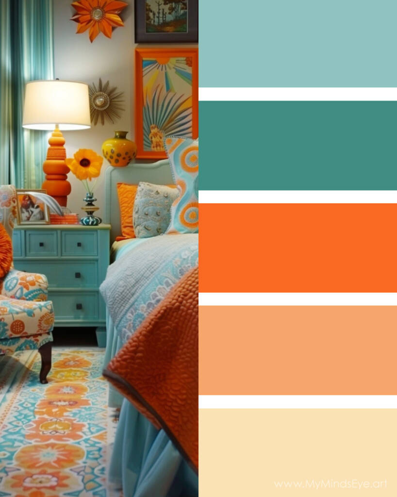 Image of bedroom with flowered rug, table, and art on the wall. Color palette with orange, light orange, beige, and turquoise green.