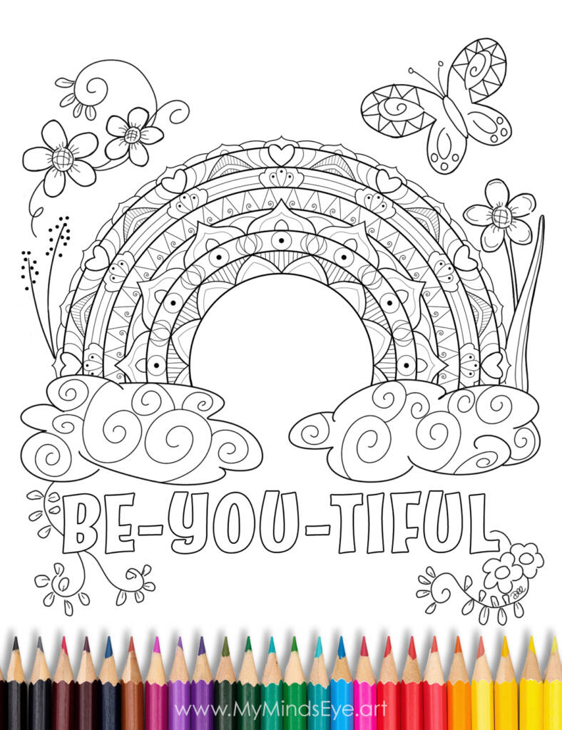 Image of Rainbow coloring Page with the words Be-You-Tiful 