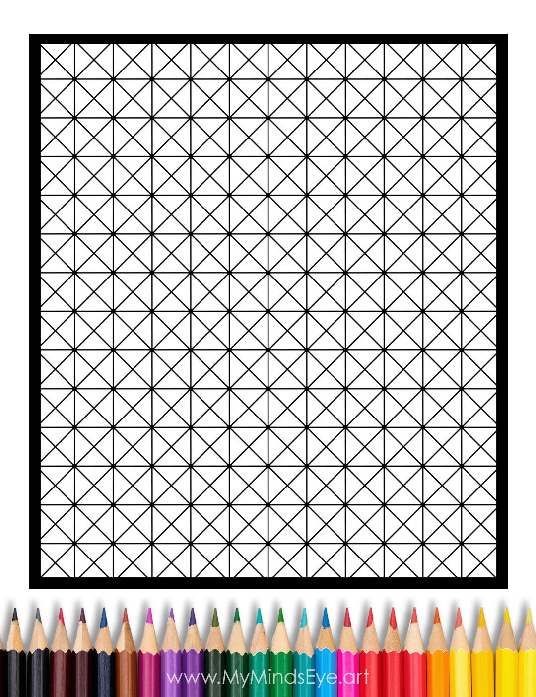 Image of an uncolored geometric pattern coloring page with colored pencils next to it.