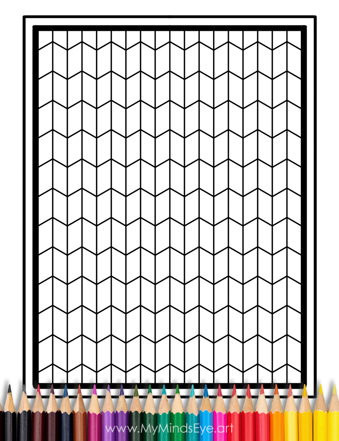 A zig zag pattern coloring page with colored pencils next to it.