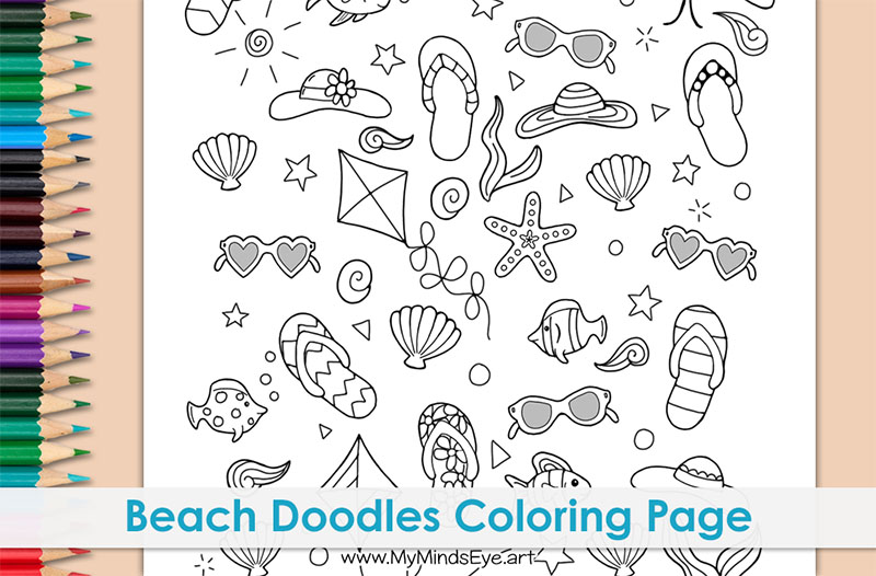 Image of a coloring page with beach doodles on it.