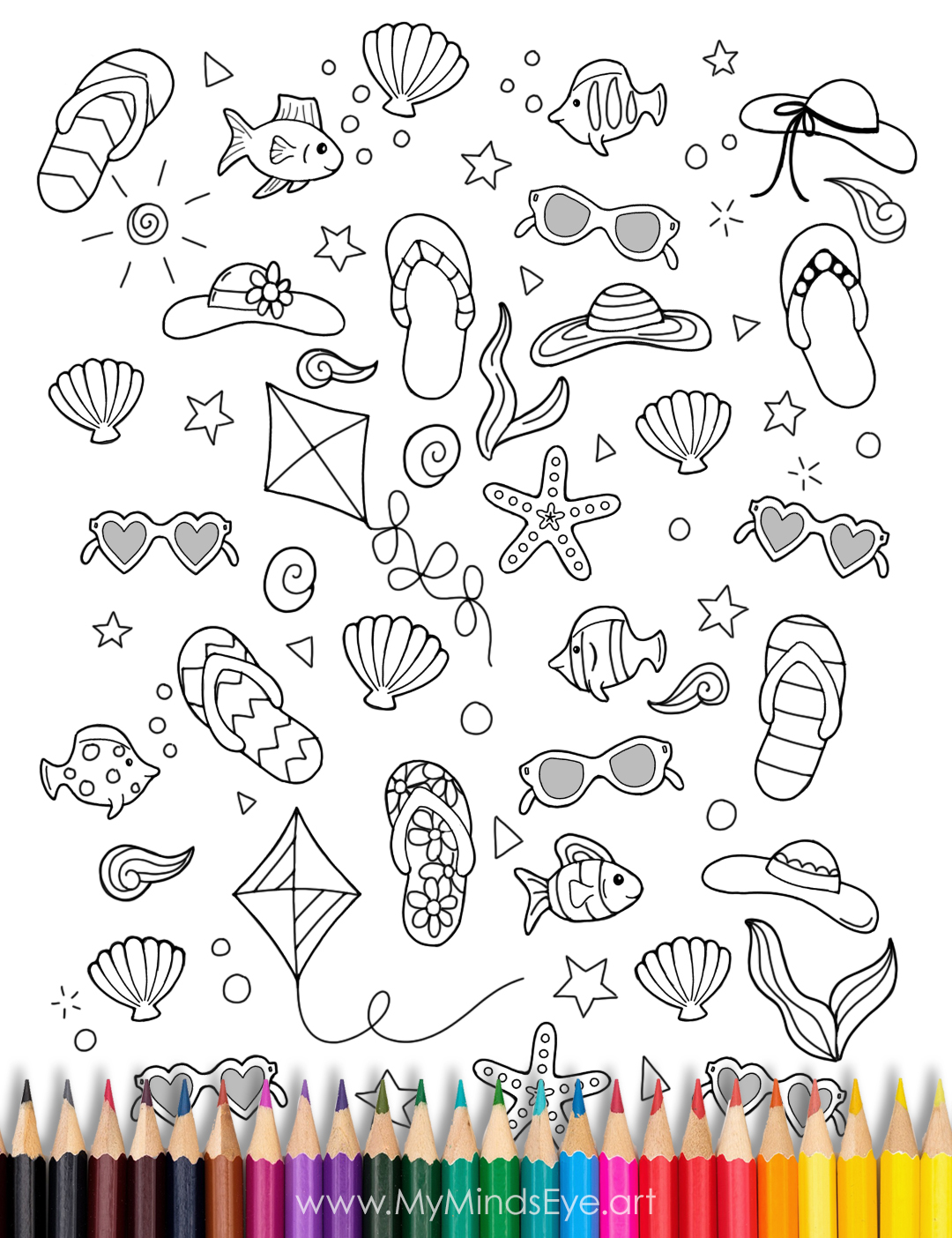 Image of uncolored beach doodles coloring page.