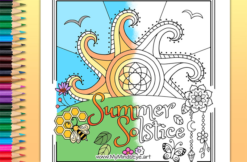 Image of a partially completed summer solstice coloring page.