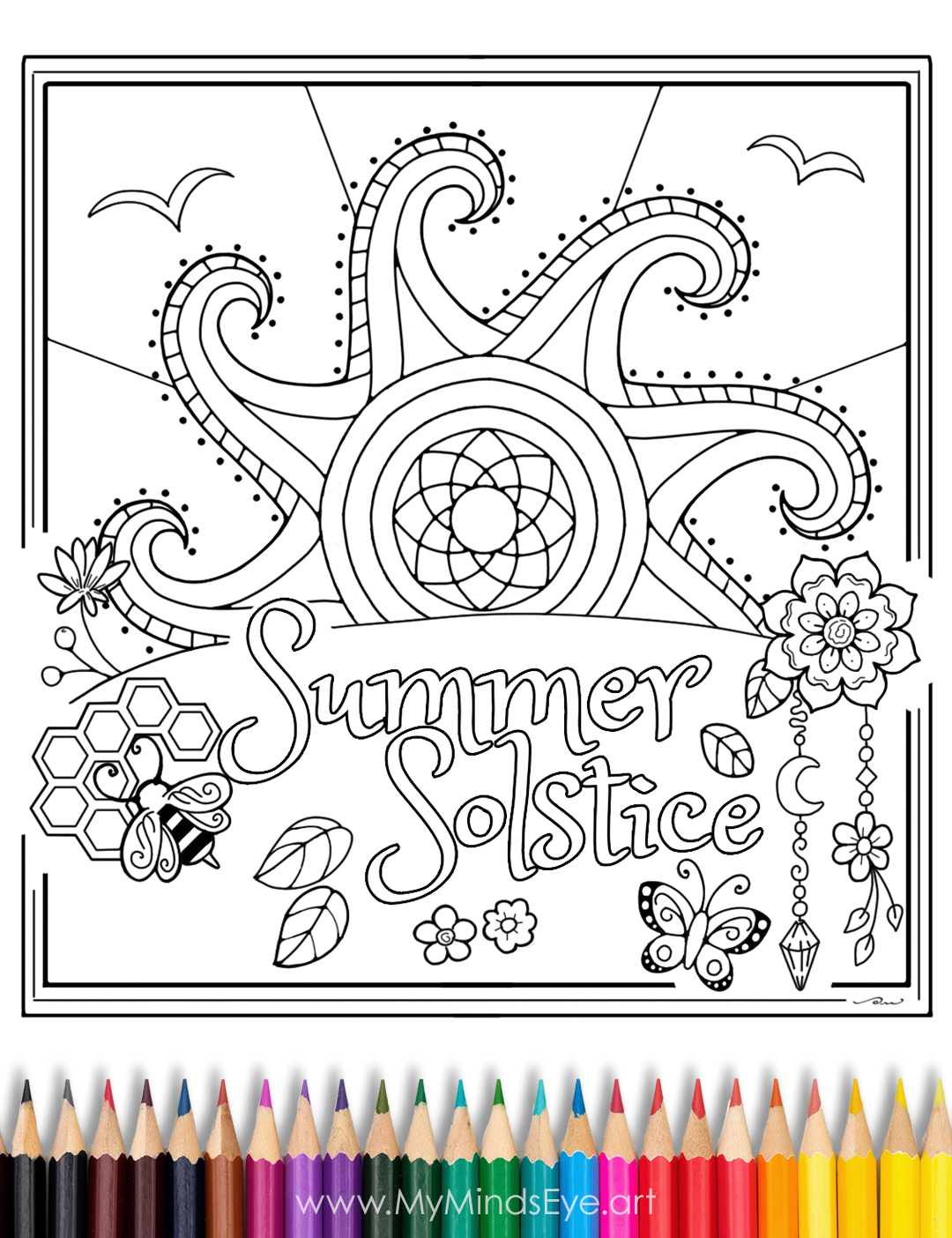 Image of an uncolored summer solstice coloring page.