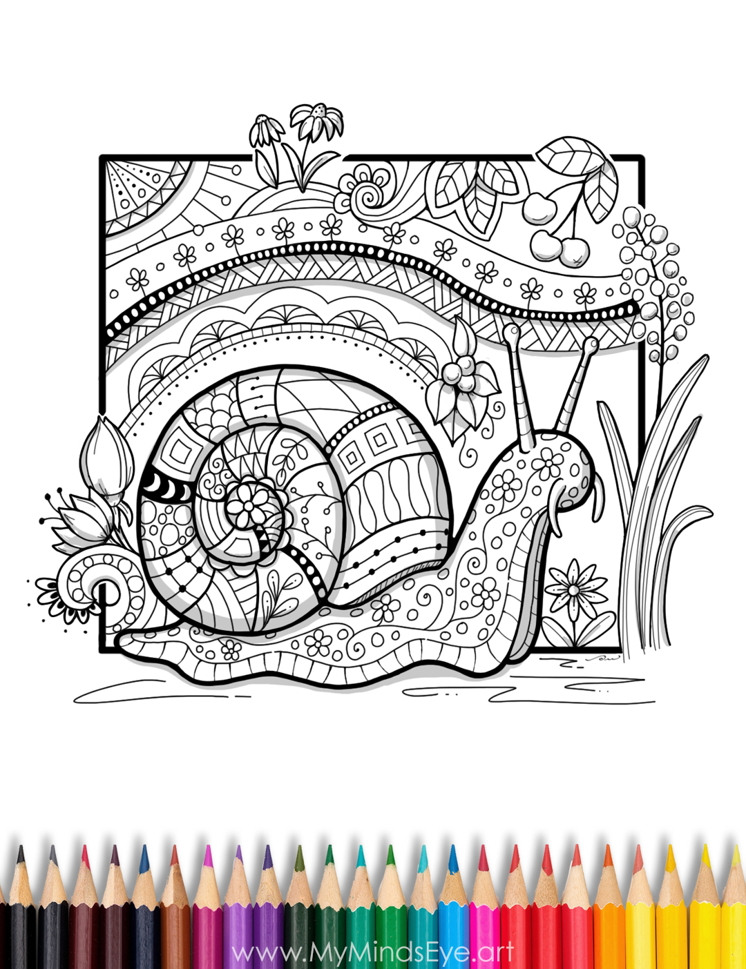 Image of a Zen Doodle Snail coloring page.