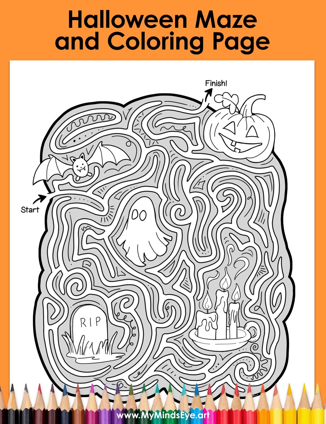 Image of a halloween maze and coloring page.