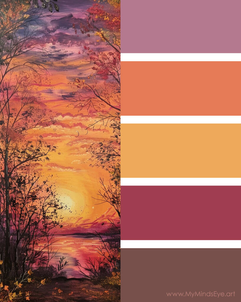 Image of a color palette inspired by Late Autumn Sunset in the woods. The colors include muted purple, orange, yellow, deep red, and brown.