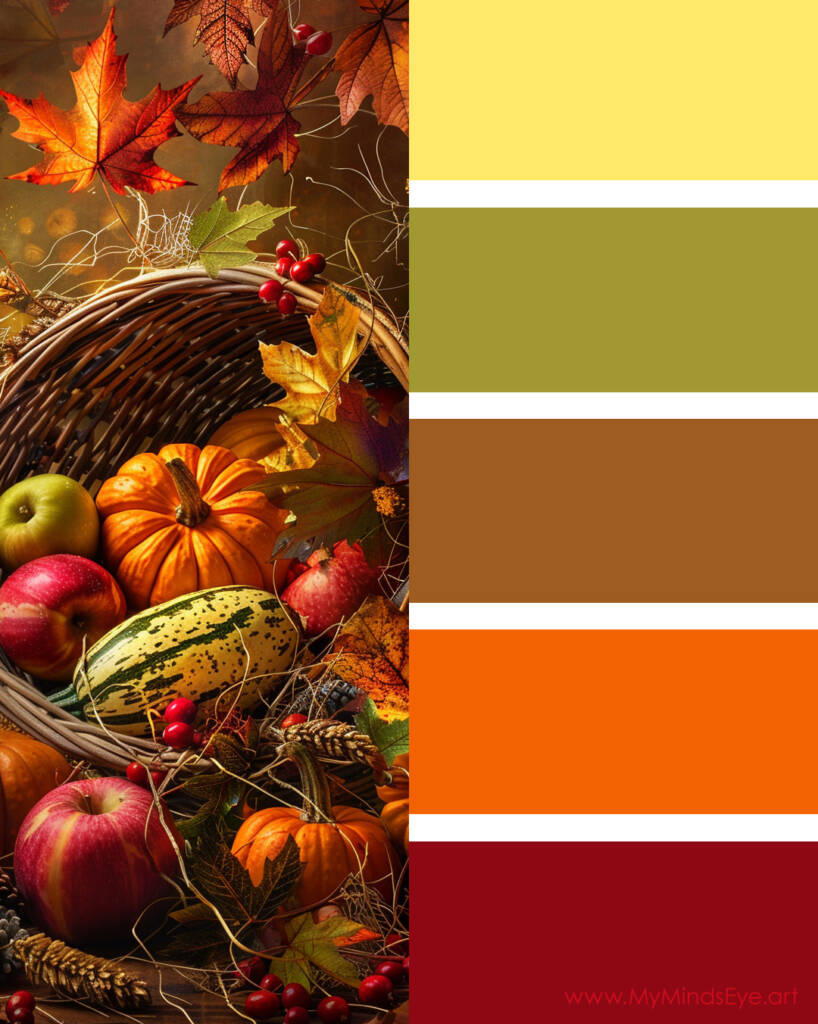 Image of a Vibrant Fall Harvest Color Palette. It has the colors orange, brown, red, yellow, and green.