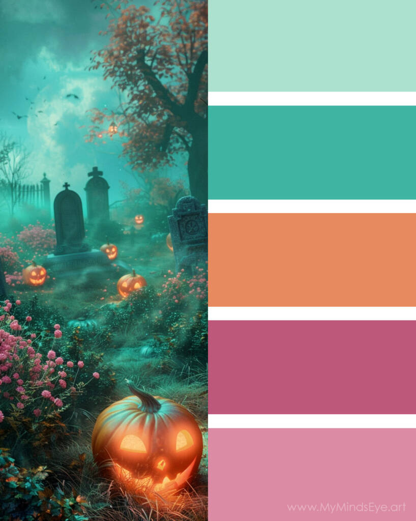 Image for spooky fun color palette for autumn. It has the colors teal green, orange, and pink.