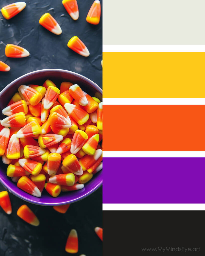 Classic candy corn with a twist color palette. Image of candy corn and the colors yellow, orange, purple, gray, and black.