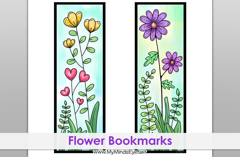 Image of 2 colored in bookmarks with flowers on them.