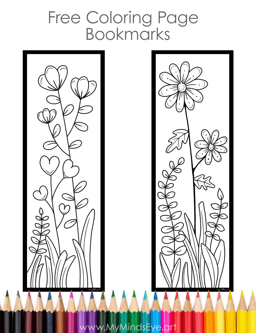 Image of 2 uncolored bookmarks with doodle style flowers on them.