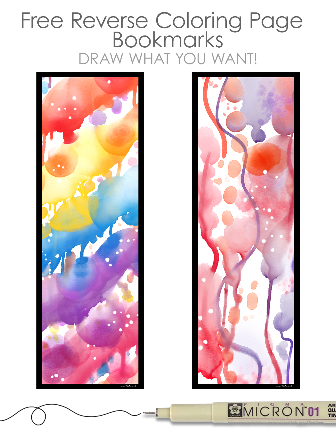 Image of 2 reverse coloring page bookmarks with a black pen next to them.