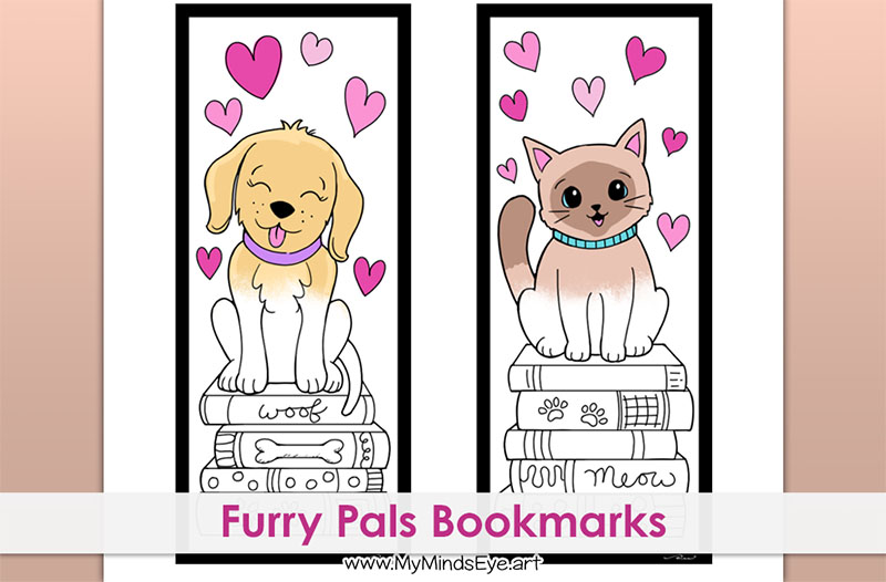 Image of a partially colored set of 2 bookmarks with a dog and a cat.