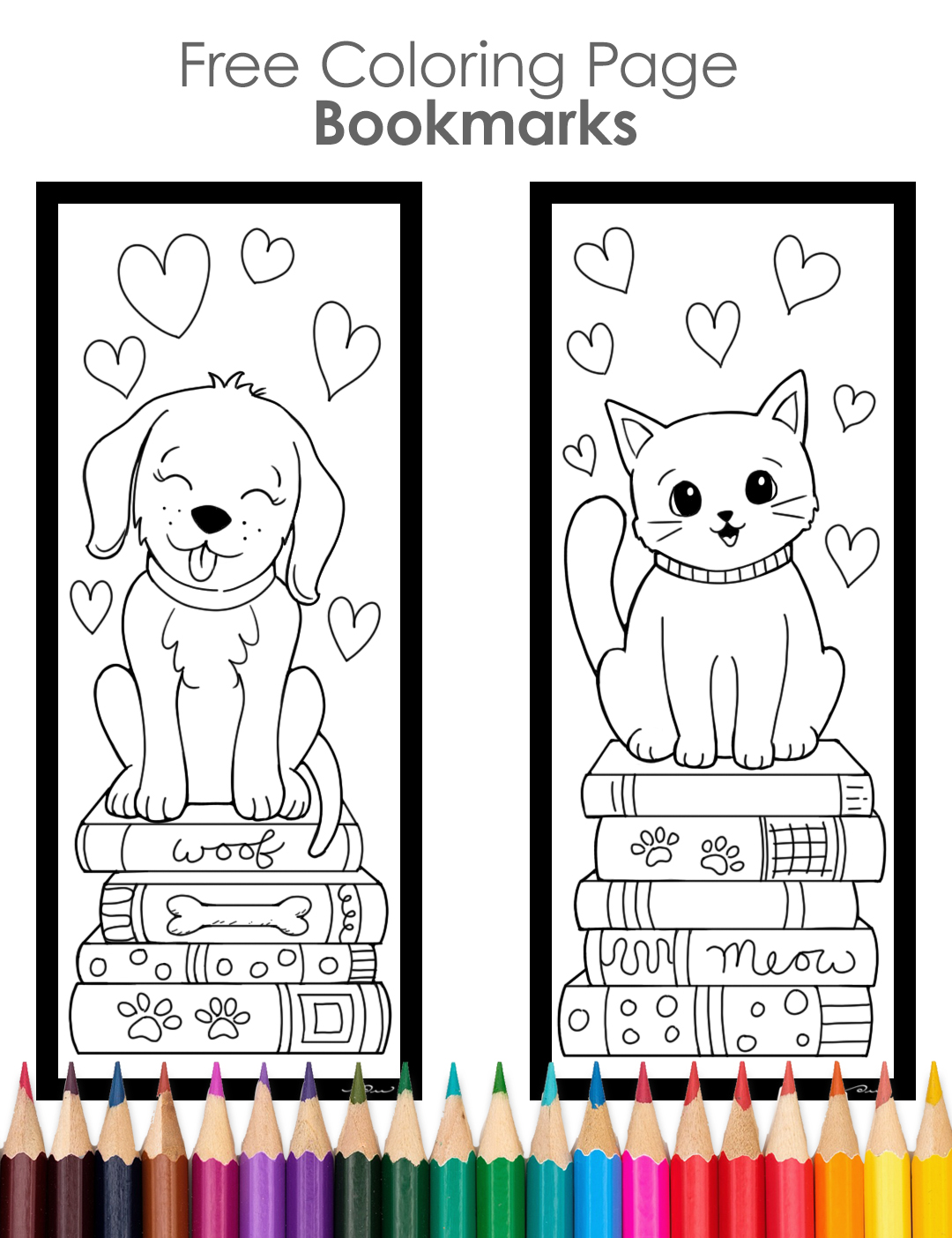 Sample image of a set of bookmarks with a cute cat and a dog on them.