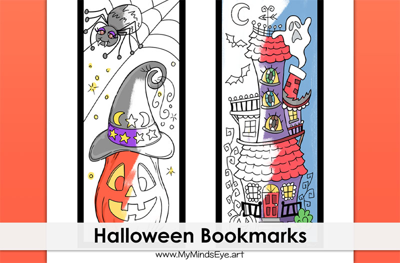 Image of 2 halloween themed bookmarks. One is a pumpkin and one is a haunted house.