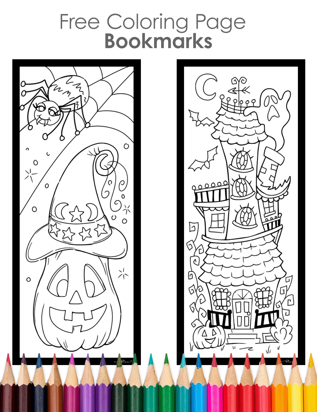 Sample uncolored image of 2 Halloween coloring page bookmarks.