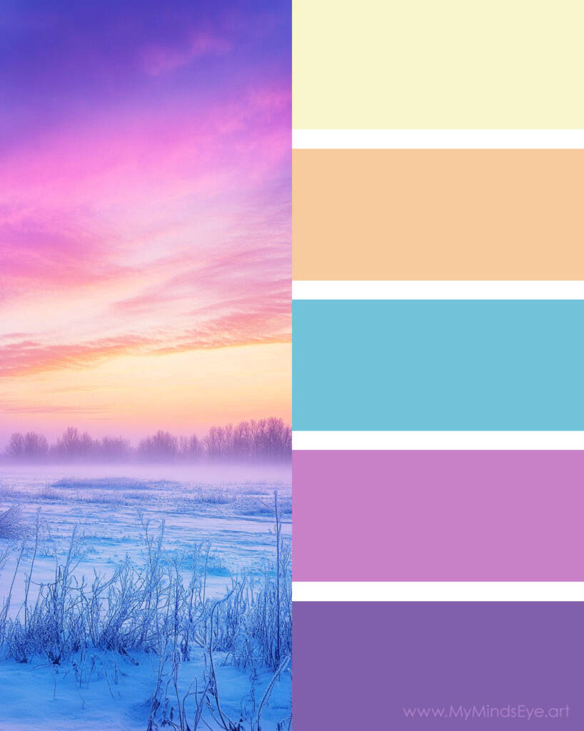 Winter sunrise palette with yellows, blue, and purples.