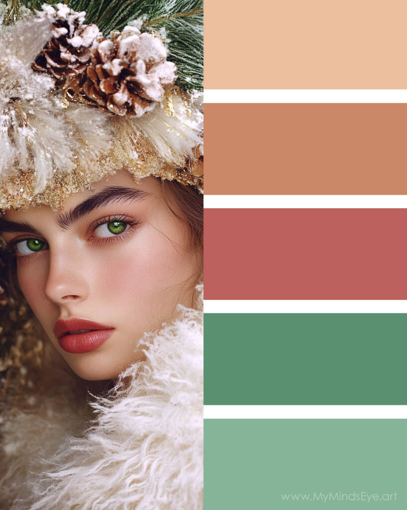 Cozy winter elegance color palette with the colors peach, terracotta, rose, and greens.