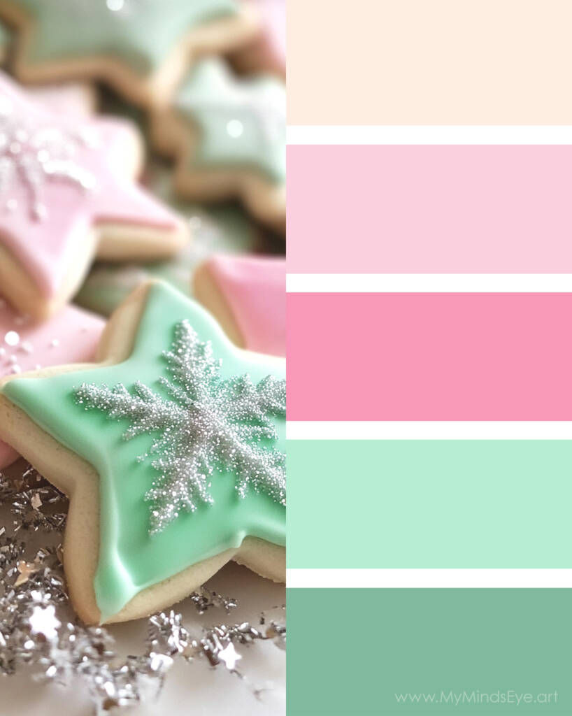 Frosted sugar cookie color palette with beige and pastel pinks and greens.