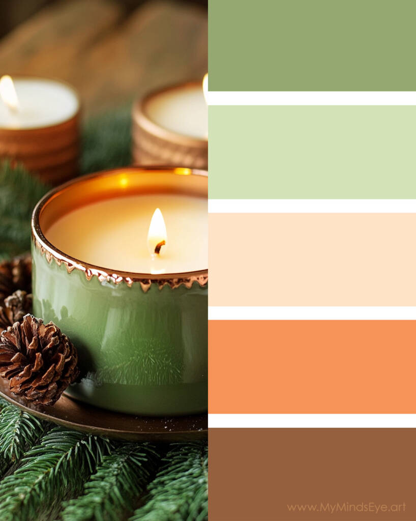 Image of a cozy rustic color palette with natural green, orange, and brown colors.