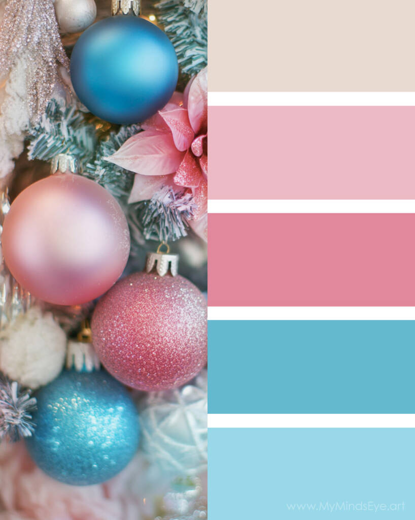 Image of winter pastels color palette with beige, pink, and blue.