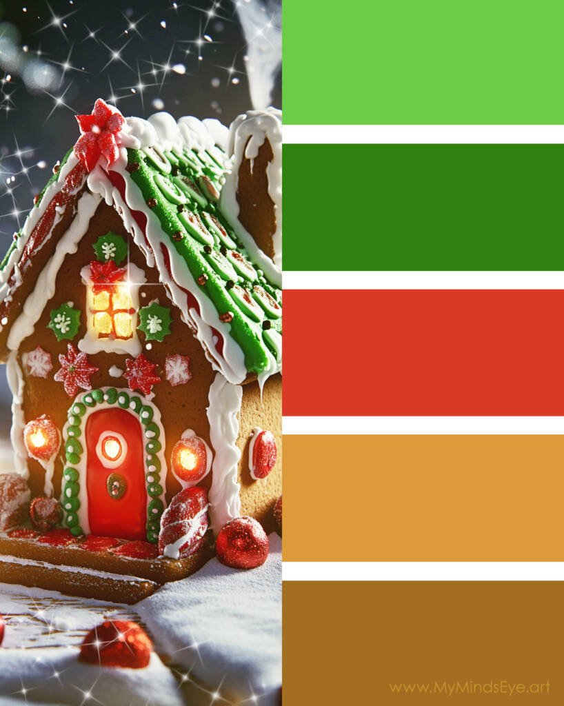 Image of a festive and bright color palette. It includes green, red, yellow, and brown.