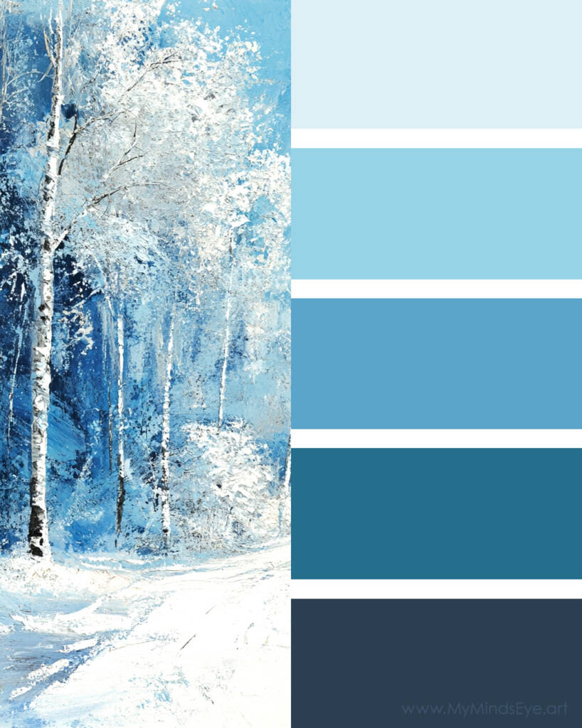 Image of a wintery color palette with a range of blue hues.