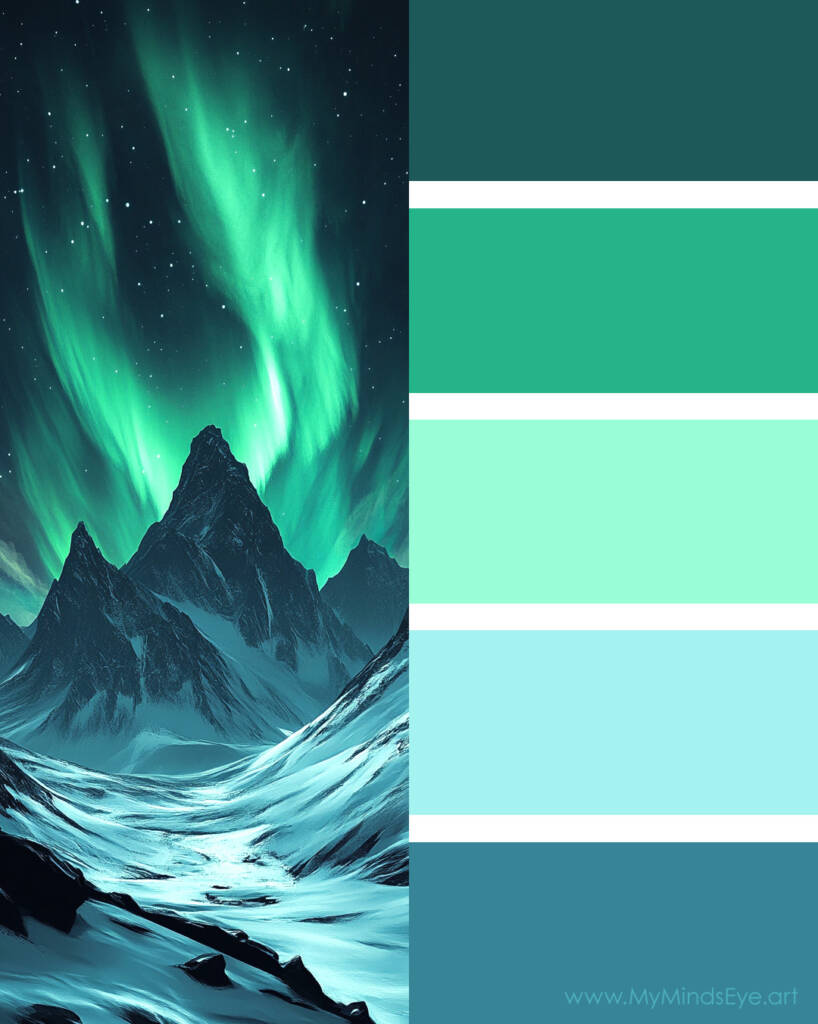 Northern lights color palette with turquoise and teal greens and blues.