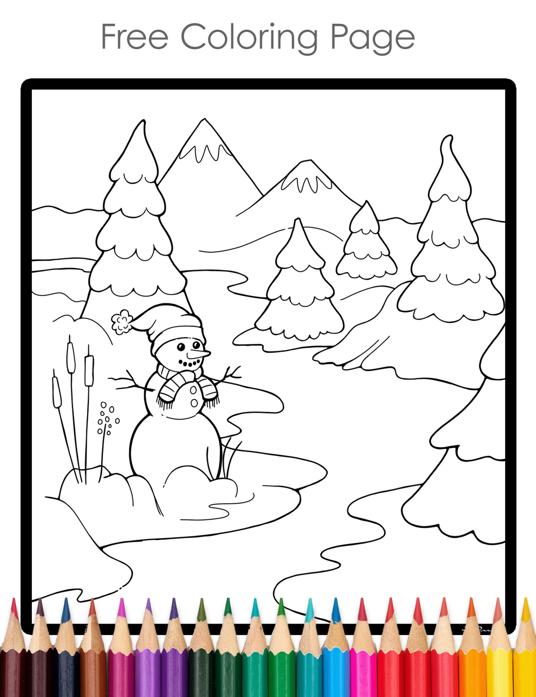 Image of a coloring page with a picture of a snowman