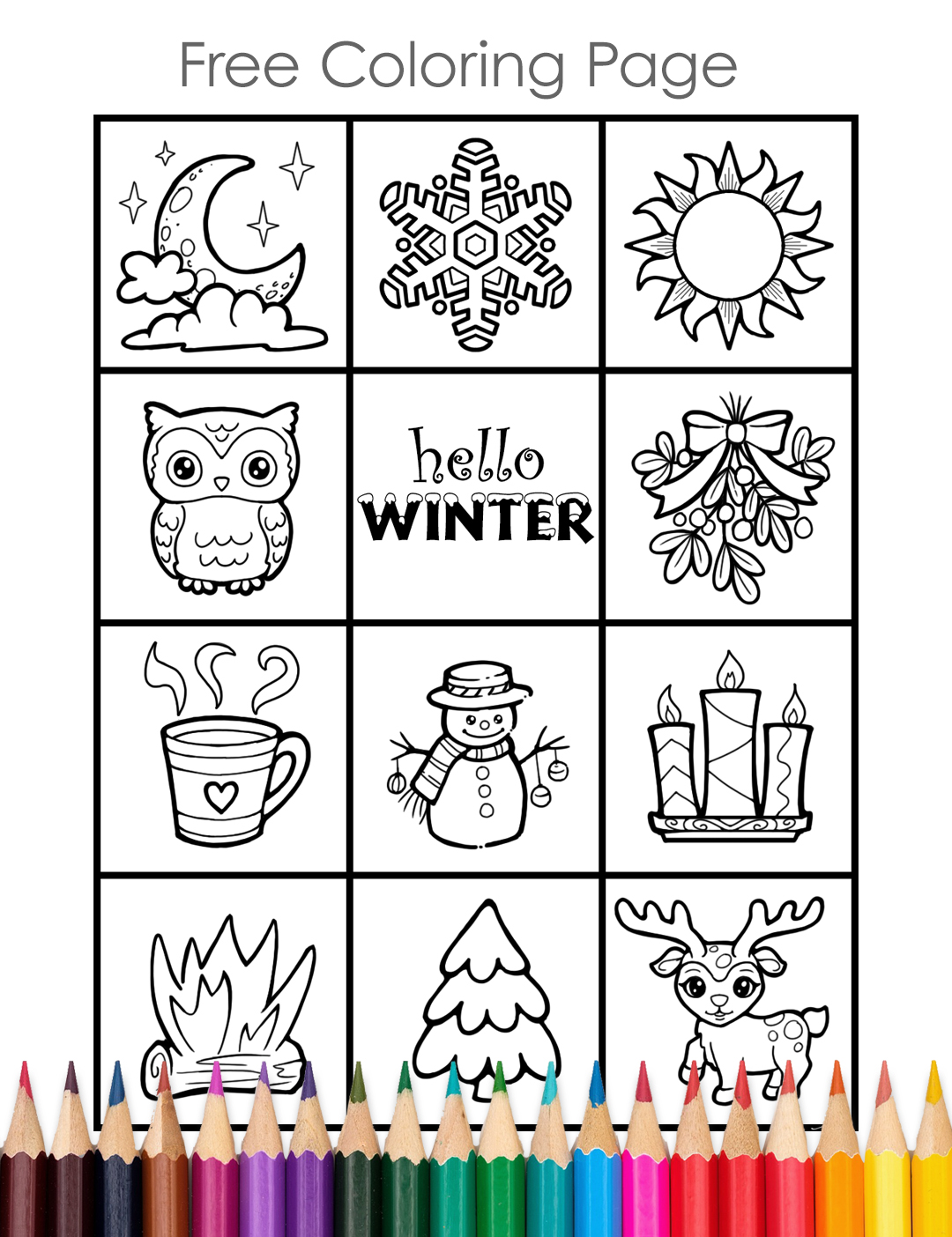 Uncolored image of a Hello Winter coloring page with lots of small winter images