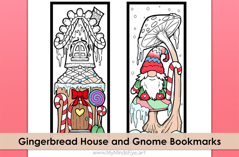 Image of partially colored in bookmarks with a Gingerbread House and a Christmas Gnome