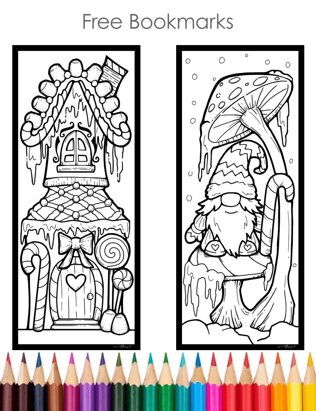 Sample image of a coloring page with 2 bookmarks. The uncolored bookmarks are a gingerbread house and a Christmas gnome.