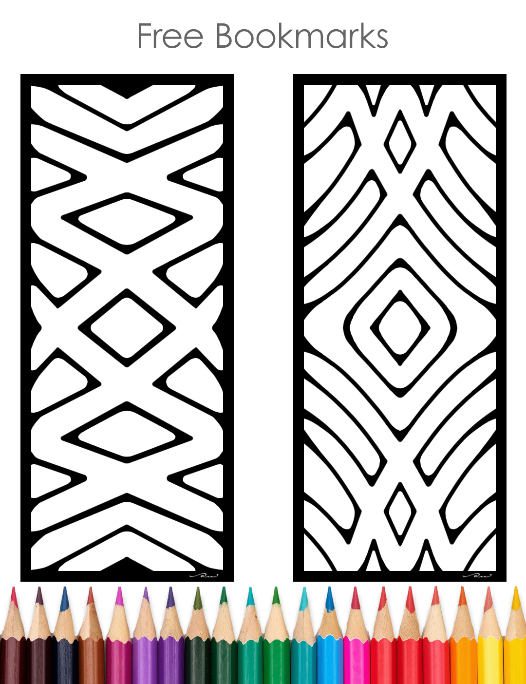 Sample image of a coloring page with 2 free bookmarks on it.  They are lined with geometric patterns.