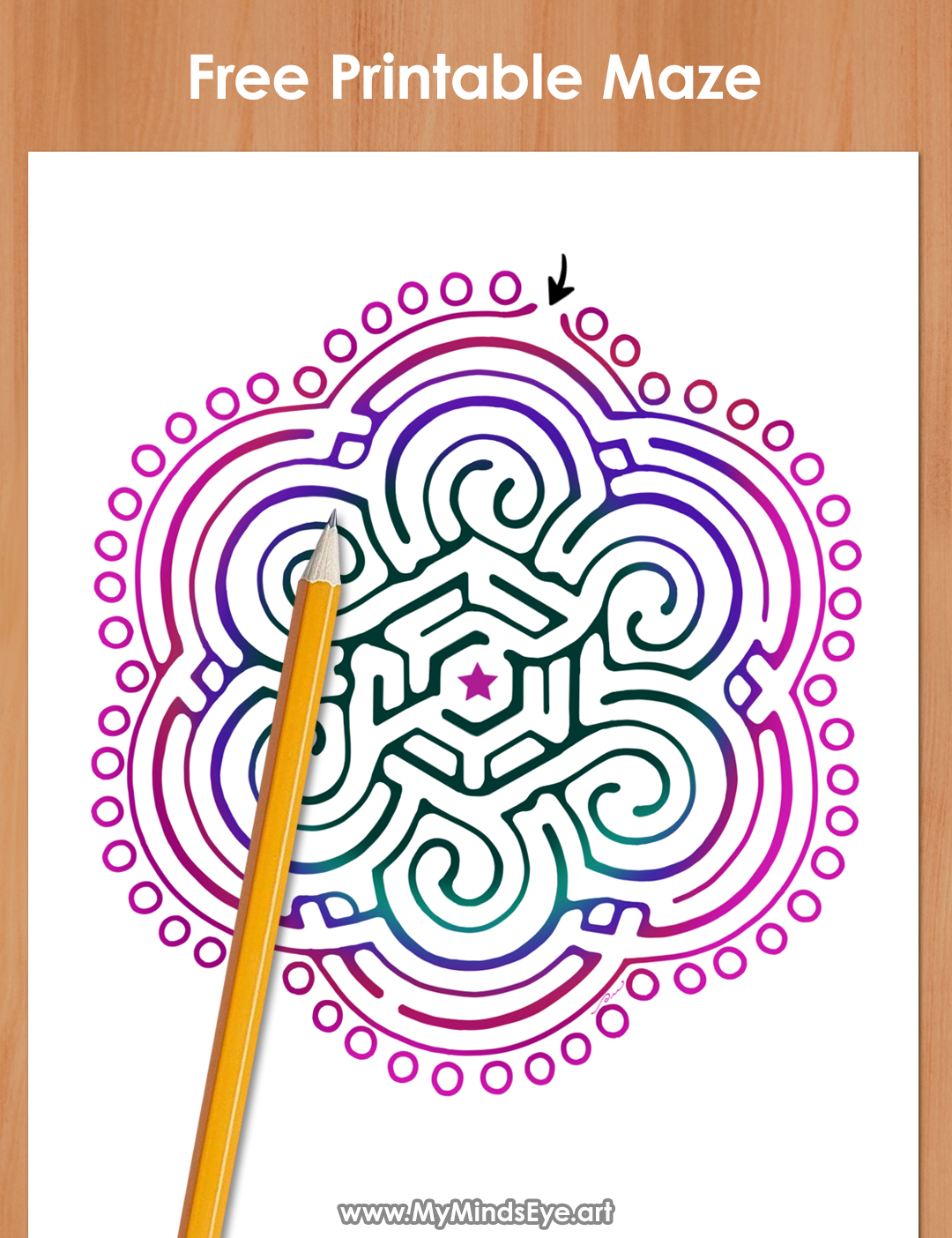 Image of a mandala shaped maze printed on a sheet of paper. 