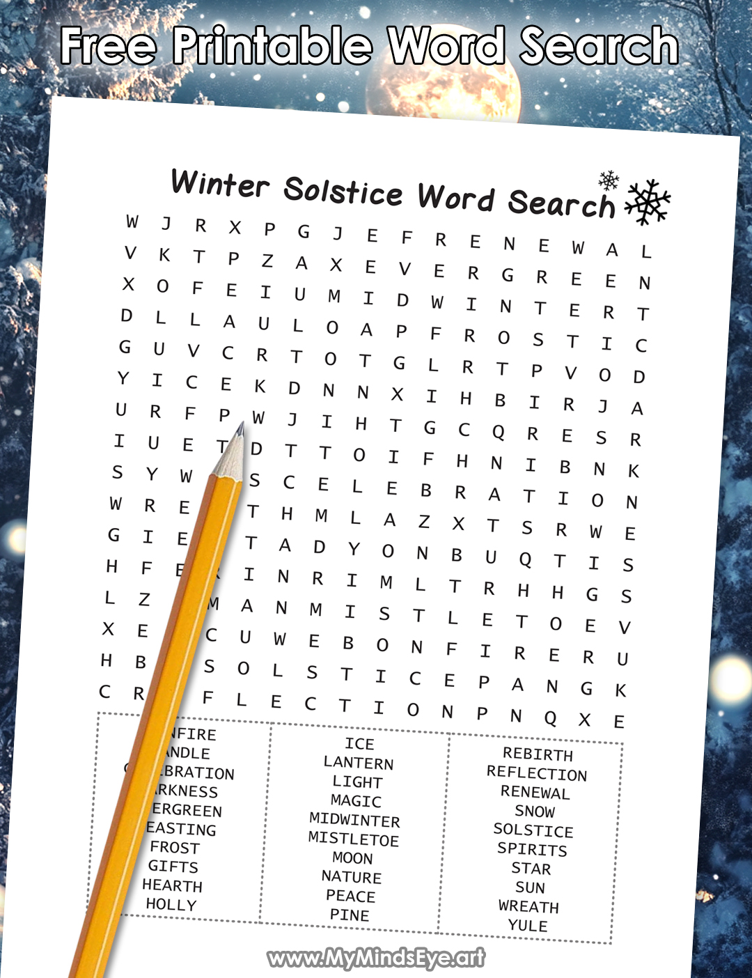 Image of a sheet of paper with a winter solstice word search.