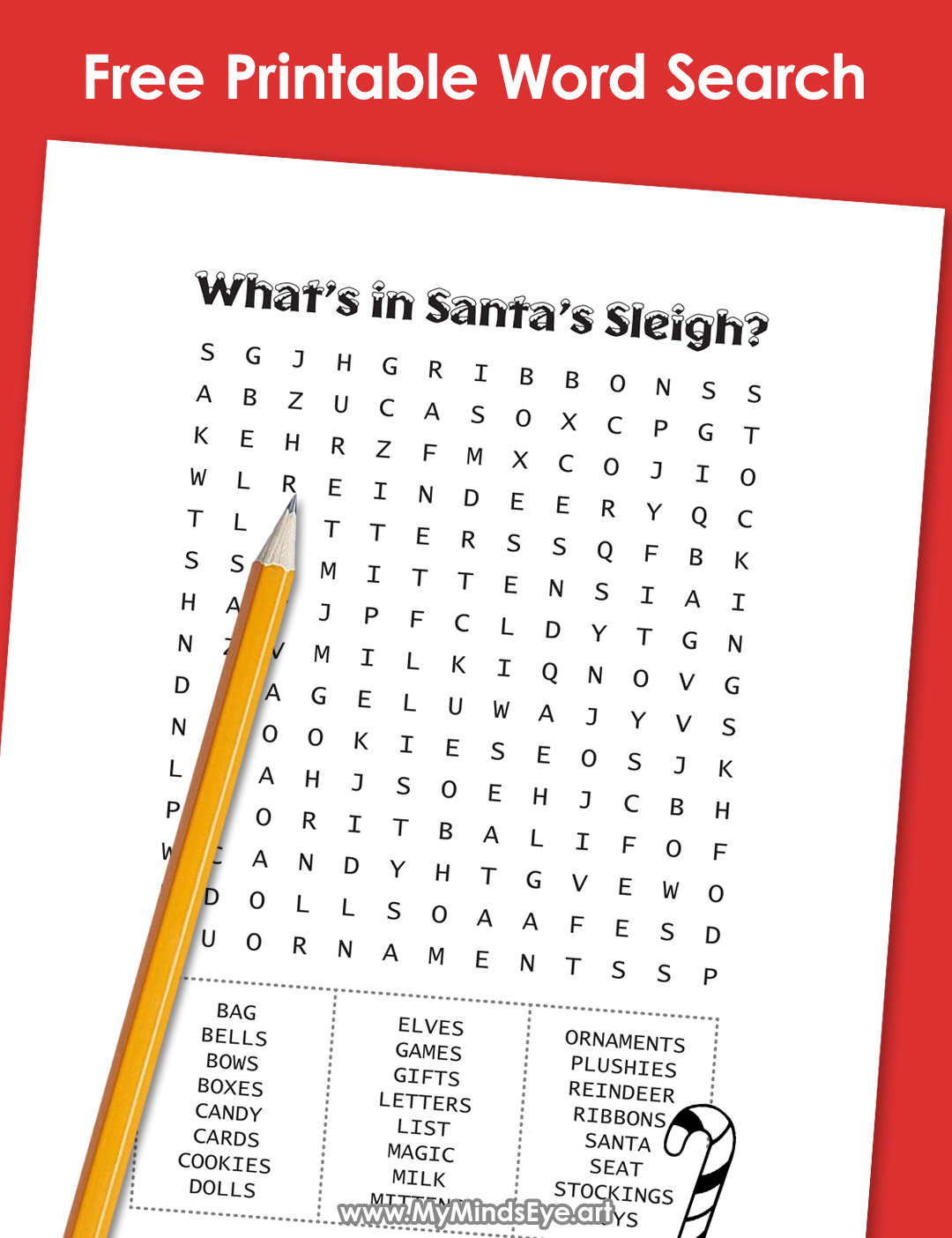 Image of a free printable Christmas Word Search that is called "What's in Santa's Sleigh?"