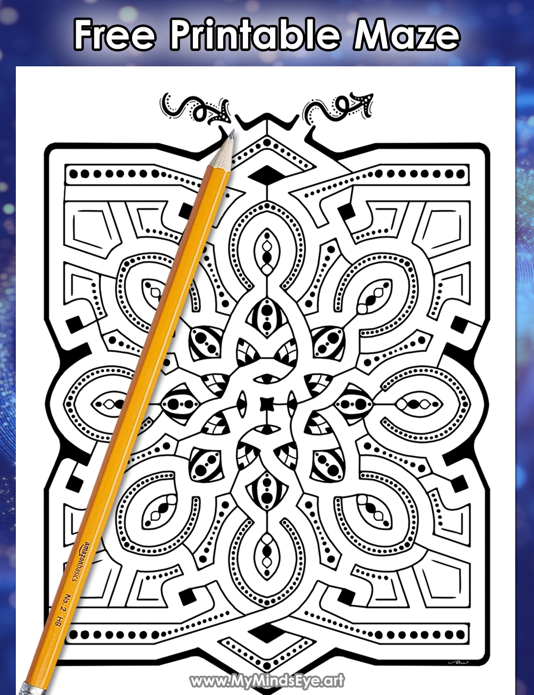 Image of the Mandala Art Maze printed on paper with a pencil. 